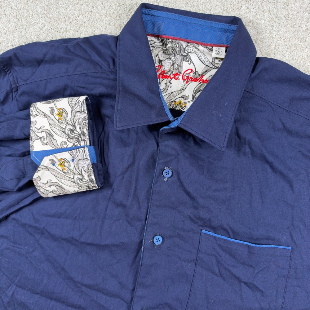 Robert Graham Button Down Shirt Mens 2XL Navy Blue Contrast Cuffs Stretch Fit